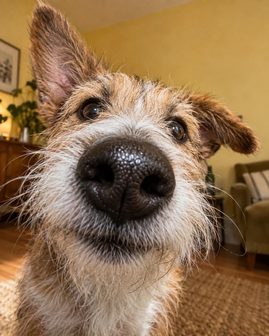 Un chien au poil ébouriffé colle son grand museau à l’objectif.