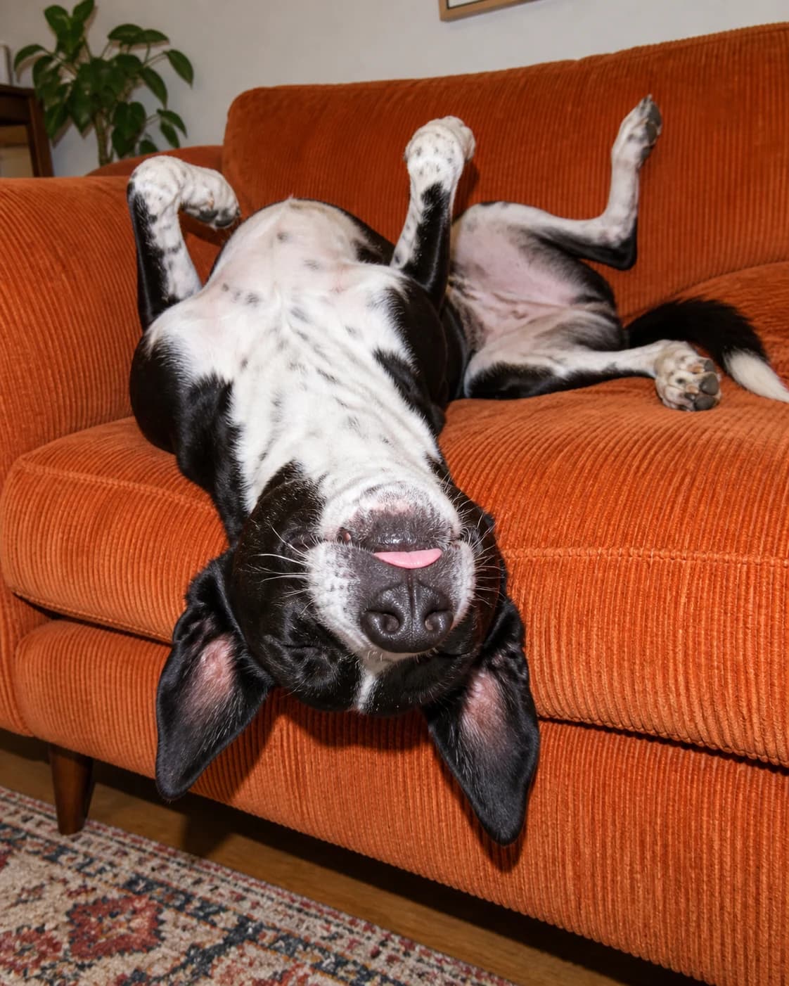 Un chien endormi sur le dos dans un canapé orange, les pattes en l’air.