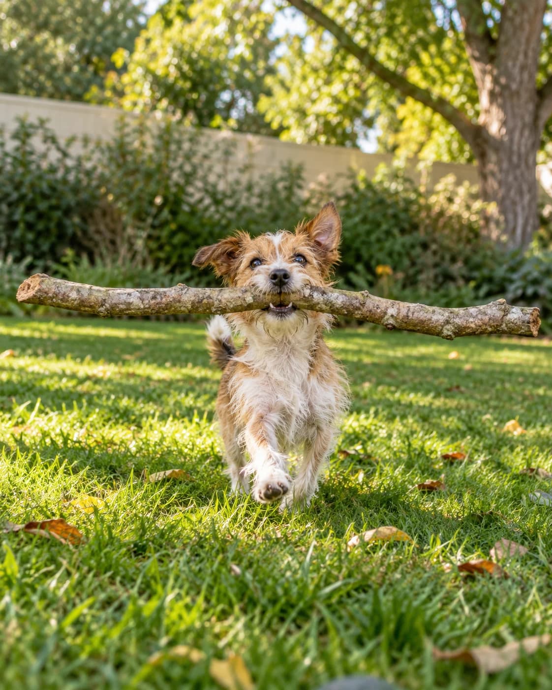 Un petit chien porte une branche bien plus grande que lui.