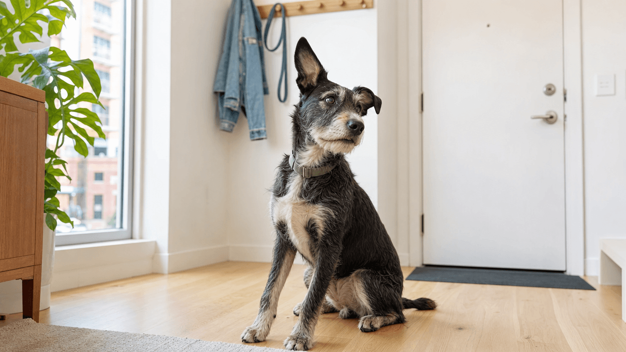 Un chien griffonné assis bien droit dans l'entrée lumineuse d'un appartement, une oreille dressée, les yeux sur la porte — les clés vont tourner.