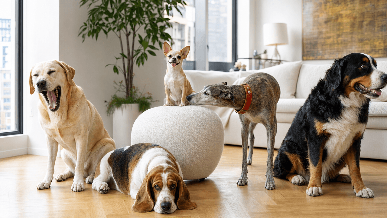 Un chihuahua assis bien droit au centre sur un pouf, langue pendue, pendant que le reste de la meute — labrador qui bâille, basset à plat, lévrier au collier roux — s'étale autour dans un salon lumineux.