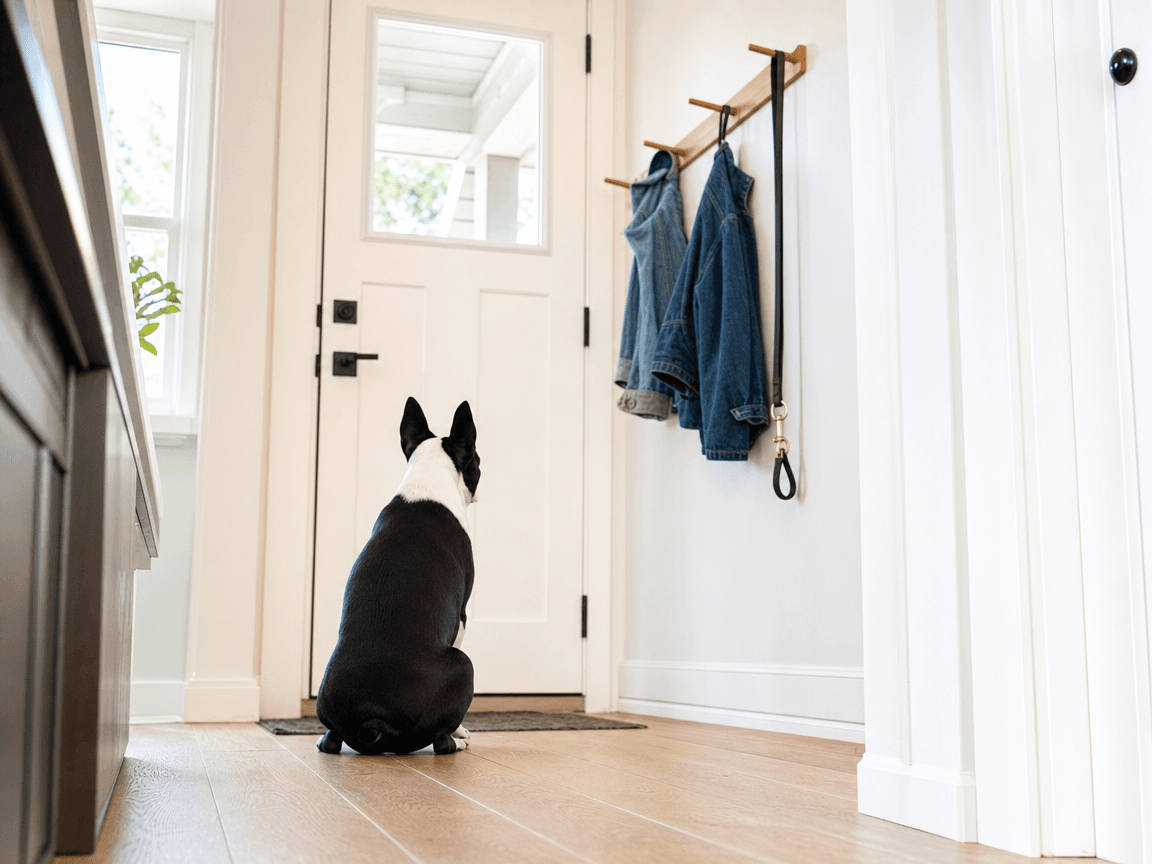 Un chien assis de dos dans un couloir lumineux d'appartement, bien droit face à la porte d'entrée blanche — les clés vont tourner.
