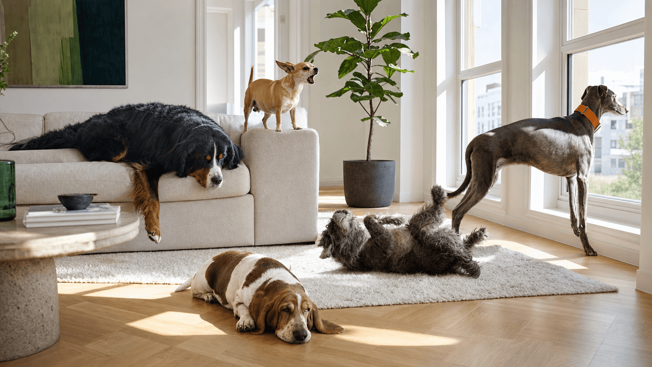 Cinq chiens dans un salon lumineux — un bouvier étalé sur le canapé, un chihuahua debout sur l'accoudoir, un basset à plat dans une bande de soleil.